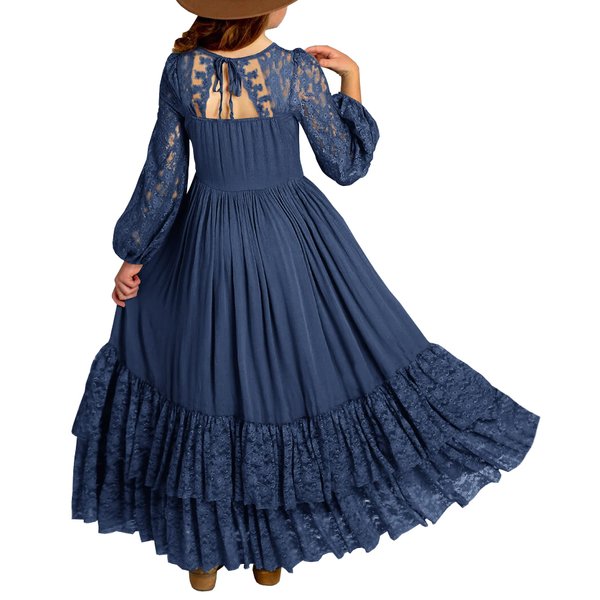 MITILLY Girls Boho Long Sleeve Backless Lace Flower Square Neck Tiered Ruffle Swing Party Maxi Dress 10 Years Navy