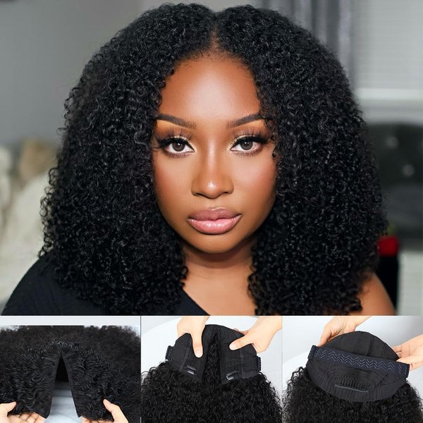 Domiso New Super V Part Human Hair Wig 200% Density Kinky Curly V Part Wig Pre-Minimum Leave Out Glueless Wigs Beginner Friendly with Anti Slip Elastic Band and Removable Clips Curly Wig 16 Inch