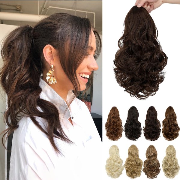 Leterly Ponytail Extension,15" Drawstring Ponytail Hair Extensions Short Wavy Pony Tail Natural Curly Soft Synthetic Hairpiece for Women Medium Brown