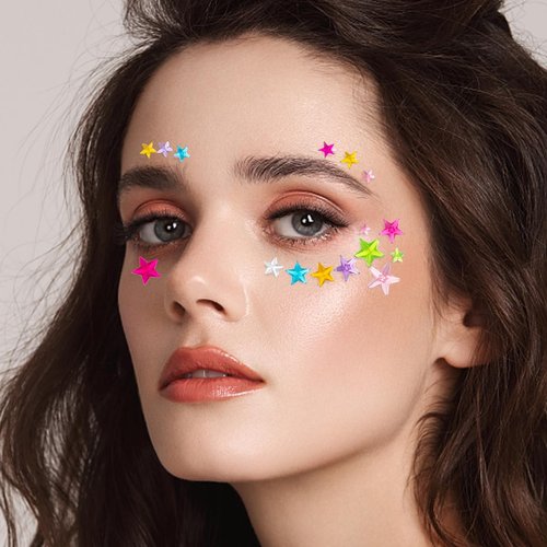 Stars Face Gems Jewels Self Adhesive Rhinestones Stickers Halloween Rave Party Tattoos Rainbow Body Face Eye Hair Gems Stickers Women Festival Accessory and Crafts Nail Decorations (Colorful Stars)