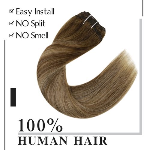 Easyouth Clip in Hair Extensions Real Human Hair Clip in Extensions Balayage Brown To Caramel Blonde Mix Brown Hair Extensions Real Human Hair Clip ins Double Weft 14Inch 7Pcs 70g