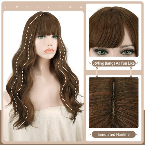 SOFEIYAN Ombre Wig with Bangs Long Curly Wavy Synthetic Wigs for Women Brown Hair Wig Heat Resistant Colorful Natural Wavy Wigs Daily Party Wigs 24 Inches Brown
