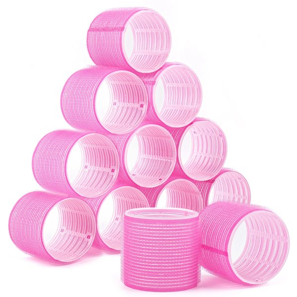 AUEAR, 12 Pack 2.5 Inch Jumbo Hair Curlers Roller Rollers Self Grip Hair Curlers for Long Hair Rose Red