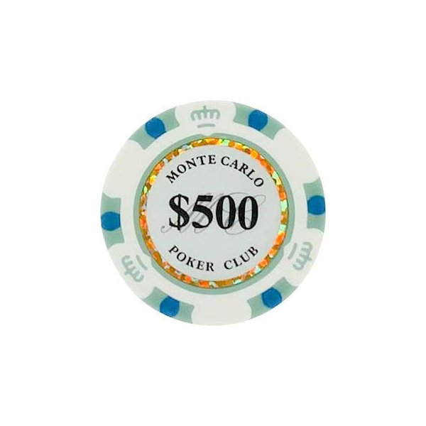 500 Dollar Monte Carlo Smooth 14 Gram Poker Chips - 100 Poker Chips (White Blue)