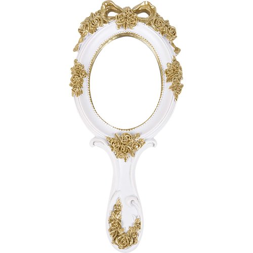 Nerien Handheld Mirror Vanity Makeup Mirror Travel Princess Metal Cosmetic Mirror Portable Oval Embossed Rose Mirrors Decorative Desk Girl Student Vintage Beautiful Handle Mirrors White-4