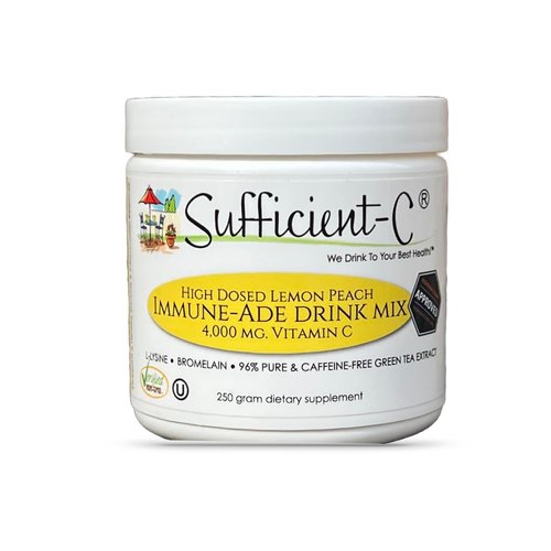 Sufficient-C High-Dosed 4000 mg. Vitamin C Lemon Peach Immune-Ade Drink Mix 250 gram size - Refreshing with Generously Dosed L-lysine, Bromelain & 96% Pure, Caffeine-Free Green Tea Extract