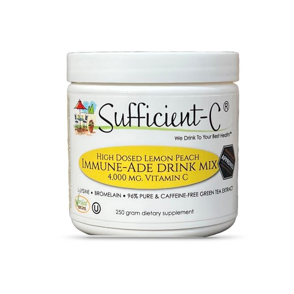 Sufficient-C High-Dosed 4000 mg. Vitamin C Lemon Peach Immune-Ade Drink Mix 250 gram size - Refreshing with Generously Dosed L-lysine, Bromelain & 96% Pure, Caffeine-Free Green Tea Extract