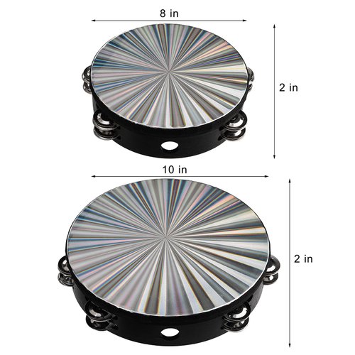 YOUEON 2 Pack Radiant Tambourine with Double Row Jingles, 8/10 Inch Wood Handbell Music Reflective Drum, Hand Drum Percussion Instrument for Church, Tambourine for Dance, Party, KTV