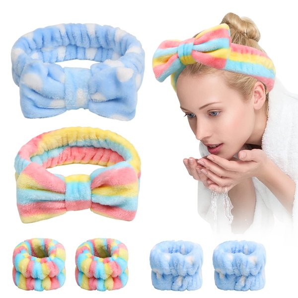 Yoseng 6 PCS Face Wash Headband Wristband Set,Makeup Headbands for Women for Washing Face, Skincare,Spa,Makeup Removal,Shower(Blue White,Rainbow)