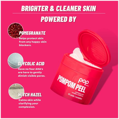 POMPOM Peel | 40 Pre-Soaked Exfoliating Peel Pads, Renewing, Purifying, Brightening, Smoothes, Pomegranate, Witch Hazel, Glycolic Acid, Arginine, Uncomplicated Skincare