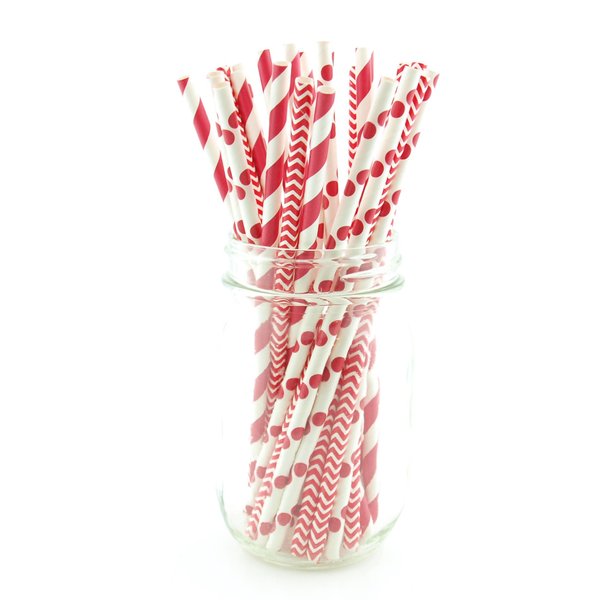 Red Christmas Straws, Christmas Party Supplies, Red and White Drinking and Decoration Straws, Tall Paper Straws (75 Pack) - Holiday Red Striped, Polka Dot & Zig Zag Straws