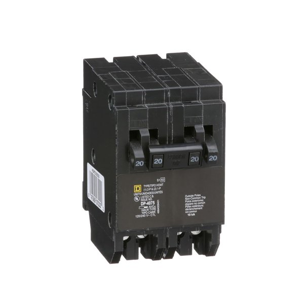 Telemecanique Sensors HOMT2020220CP Homeline Tandem Circuit Breaker, 2 x 1 pole at 20A, 1 x 2 pole at 20A, 120/240V, 10 kA AIR, Plug-In Mount