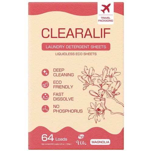 CLEARALIF Laundry Detergent Sheets, Magnolia, 64 Load, CLEARALIF Laundry Detergent Strips Eco Friendly & Hypoallergenic