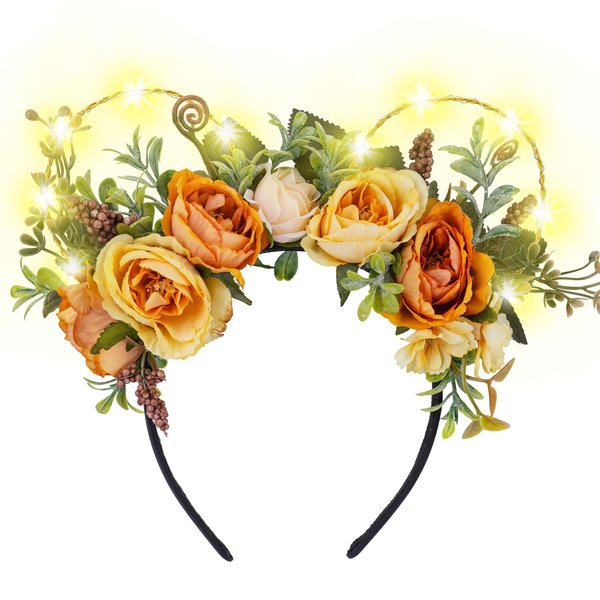 VISSTREE Handmade LED Light Up Yellow Rose Mouse Ears Headband for Adult Women Girls Kids Park Floral Headwear Hair Hoop Daily Party Headdress Accessories