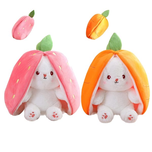 Mukorolee 2PCS Plush Toy Pillow, Reversible Carrot Strawberry Bunny Plush with Zipper, Easter Bunny Stuffed Animal Cute Rabbit Plushie Birthday Gift for Boys Girls Kids (2pcs 7" Strawberry&Carrot)