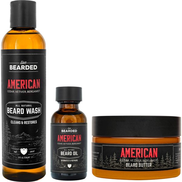 Live Bearded 3-Step Beard Grooming Kit - 1880 - Beard Wash, Beard Oil and Beard Butter - All-Natural Ingredients with Shea Butter, Jojoba Oil and More - Beard Growth Support - Made in the USA
