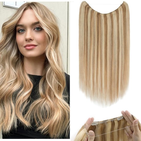 Rich Choices Wire In Hair Extensions Human Hair One Piece Secret Fish Line Hair Piece Halo Hair Extensions Real Human Hair Long Silky Straight #12P613 Golden Brown&Bleach Blonde 18 Inch
