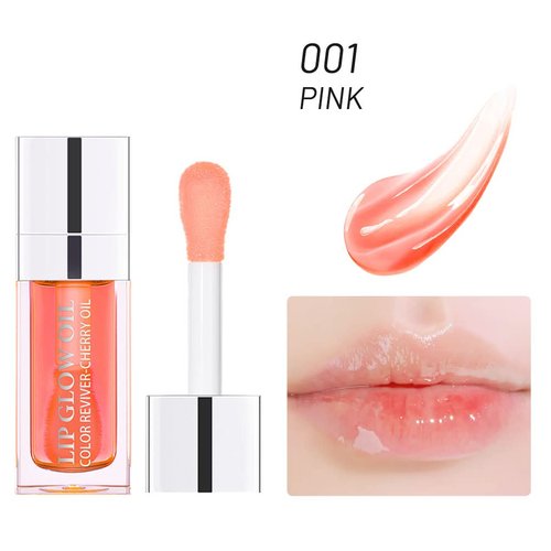 Plumping Lip Oil, Hydrating Lip Gloss Tinted Lip Balm Lip Care Transparent Toot Lip Oil, Big Brush Head Glossy Shine Lip Glow Oil Primer Lip Tint, Gift for Her (001# Pink)