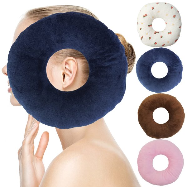 Ear Piercing Pillow for Side Sleepers，Small Pillow with Ear Hole Donut Pillow for Ear Relief Ear Pressure Ear Pain，Headphones (Blue)