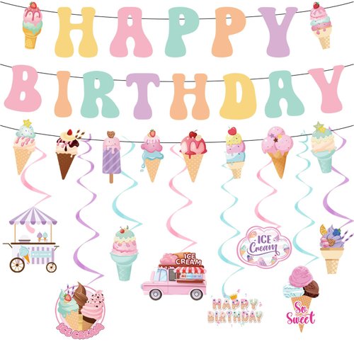 Ice Cream Birthday Party Decorations - Refavor Ice Cream Party Decorations Colorful Happy Birthday Banners Ice Cream Theme Hanging Swirls Decor Supplies Summer Ice Cream Birthday Party Decor Girls