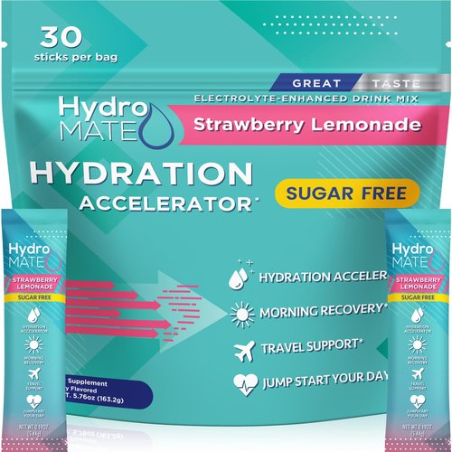 NatureWorks HydroMATE Electrolytes Powder No Sugar Strawberry Lemonade Sugar Free Hydration Packets Keto Party Favors Sticks with Vitamin C 30 Count