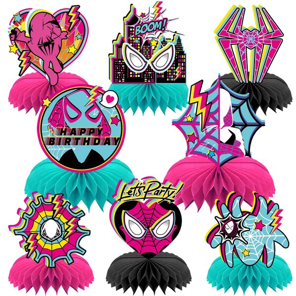 8Pcs Pink Spider Birthday Party Supplies,Pink Spider Honeycomb Centerpieces,Girl Spider Theme 3D Table Decorations