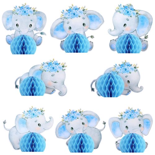 Glenmal 8 Pcs Blue Elephant Honeycomb Centerpieces Blue Elephant Birthday Table Decorations Floral Elephant Party Favors for Birthday Party Supplies, 8 Styles
