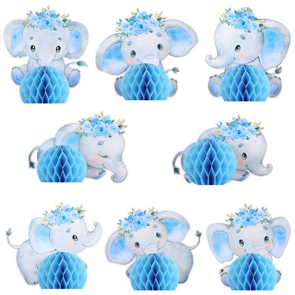 Glenmal 8 Pcs Blue Elephant Honeycomb Centerpieces Blue Elephant Birthday Table Decorations Floral Elephant Party Favors for Birthday Party Supplies, 8 Styles