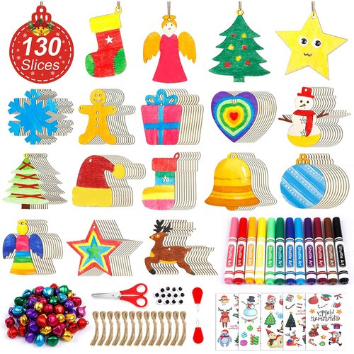 Shuttle Art 360 PCS Wooden Christmas Ornament Kit, 130 Unfinished Wood Slices with 13 Styles, 130 Jute Twine, 12 Colors Washable Markers, 50 Bells, DIY Christmas Decoration Crafts for Kids and Adults