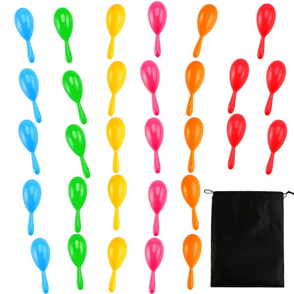 Resinta 30 Pieces Neon Maracas Shakers Mini Noisemaker Bulk Colorful Noise Maker with Drawstring Bag for Mexican Fiesta Party Favors Classroom Musical Instrument, 4 Inch, 6 Color
