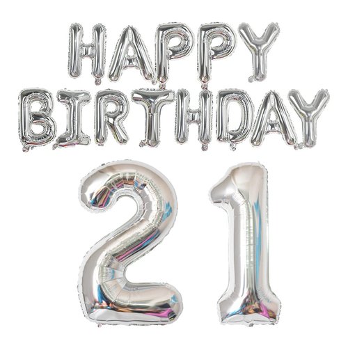 Happy Birthday Balloon Banner 40 inch 21 or 12 Balloon Number 16 Inch Happy Birthday Letters Balloons Silver Foil Mylar Balloons for 21st 12th Birthday Decorations Party Supplies