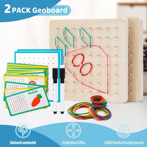 Zycolo 2Pack Wooden geoboards with Rubber Bands Montessori Toys, Mathematical Education Toy for Kids with Pattern Cards and geo Boards to Figures and Shapes, Brain Teaser STEM Toys for Classroom.
