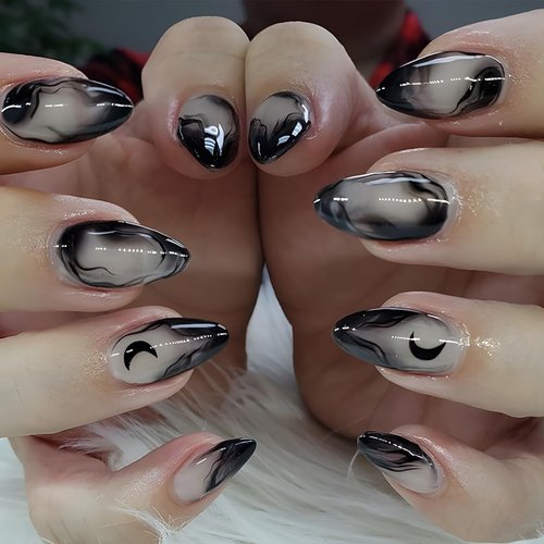 Press On Nails Short Almond OFDNE Black Fake Nails With Moon Designs False Nails Gradient Glossy Glue On Nails Stick On Nails Artificial Nails For Women Girls 24 Pcs