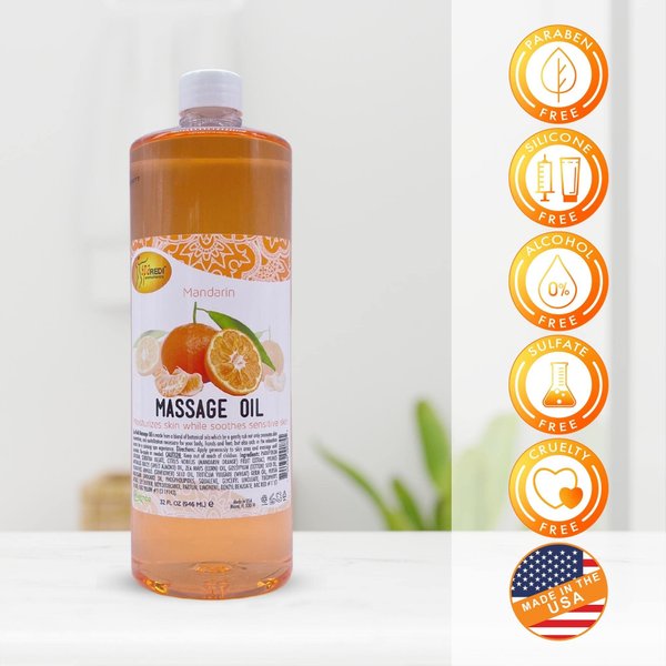 SPA REDI - Massage Oil, Mandarin, 32 Oz - Professional Full Body Massage Therapy, Manicure, Pedicure - Relax Sore Muscles and Repair Dry Skin, Enhanced with High Absorption Oils and Vitamin E