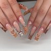 IMRAIN Brown Press on Nails Long Square Fake Nails Rhinestone French Tip False Nails with Pearl Designs Glossy Full Cover Glue on Nails for Women DIY Manicure Decoration 24Pcs