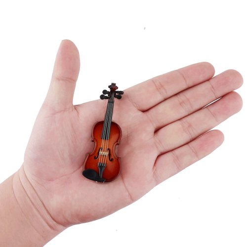 Dselvgvu Wooden Miniature Violin with Stand,Bow and Case Mini Musical Instrument Miniature Dollhouse Model Ornament Home Decoration (3.15"x1.18"x0.59")