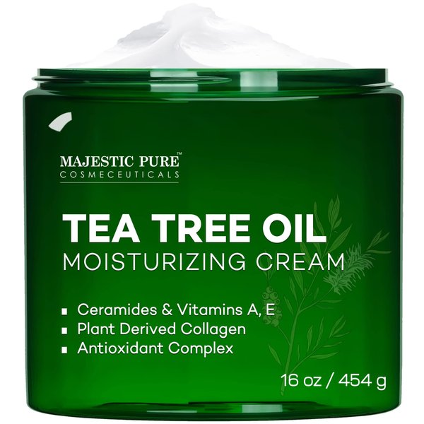 MAJESTIC PURE Tea Tree Oil Moisturizing Cream - Body, Foot & Face Moisturizer - With Ceramides, Vitamins A E & Vegan Collagen - For Dry Skin, Oily Skin, & Appearance Of Wrinkles - 16 oz