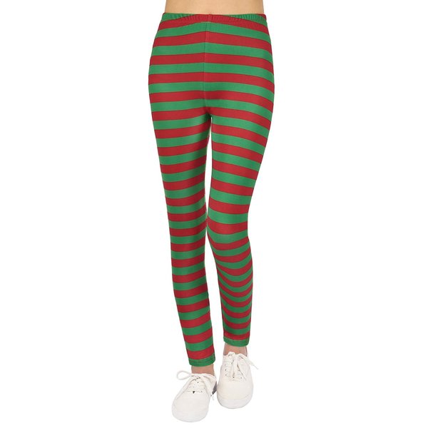 HDE Girl's Leggings Holiday Stretchy Full Ankle Length Striped Tights Red Green Stripes - 10-12