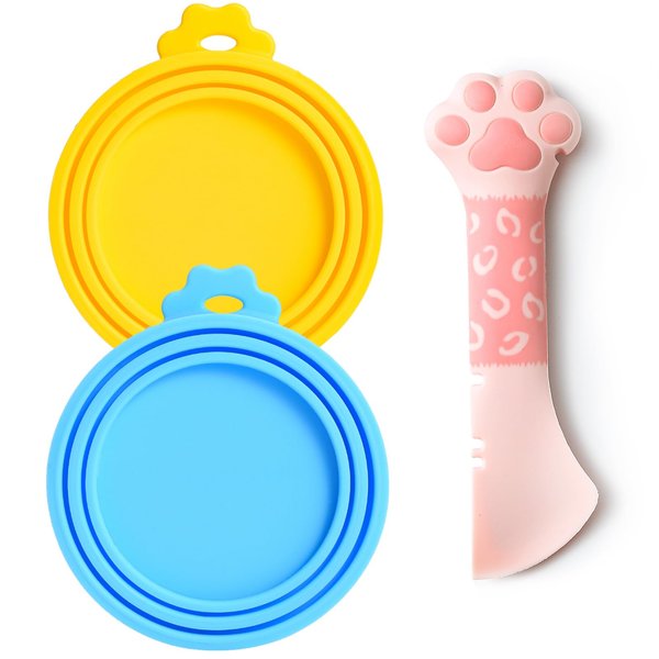 Comtim Can Covers for Pet Food Cans, Silicone Dog Cat Food Can Covers Lids and Multi-Function Cat Food Spoon for Canned Wet Food (Blue Yellow and Spoon)