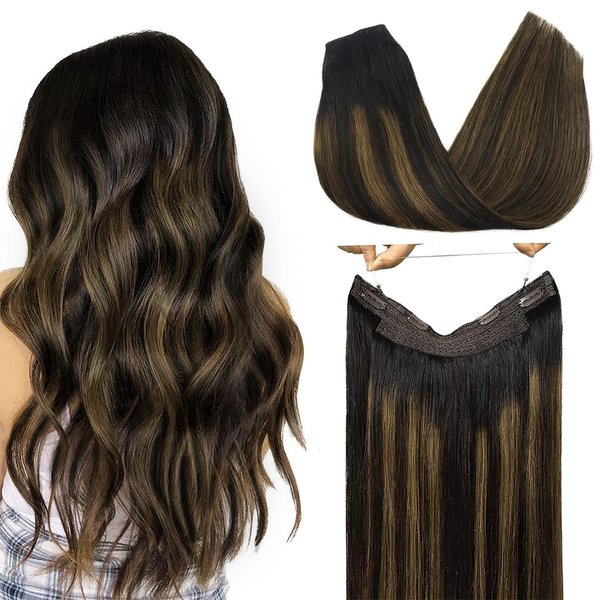 GOO GOO Wire Hair Extensions Human Hair, 1B/6/1B Natural Black with Chestnut Brown Balayage 16inch 95g, Invisible Wire Hair Extensions with Transparent, Seamless Fish Line Hairpiece