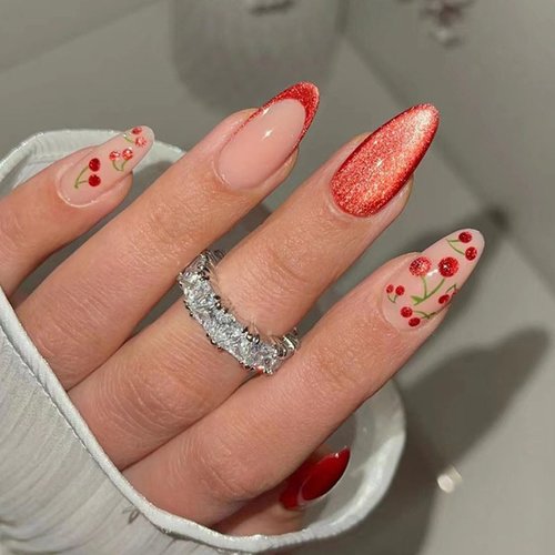 24 Pcs Wine Red Cat Eye Press on Nails Short Almond - MINGCHUN Summer Fake Nails Press ons French Nail Tip Glitter Cherry Full Cover False Nails Glue on Nails Stick on Nails Acrylic Nail Art Kit