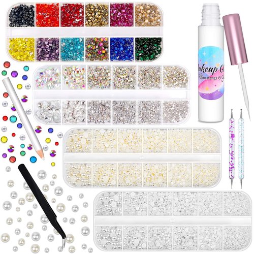 Billbotk 6645Pcs Face Rhinestones with Makeup Glue, Flatback Eye Gems Colorful Makeup Jewels with White Pearls for Face Eye Body, Nail Art, Hair, Craft Decoration
