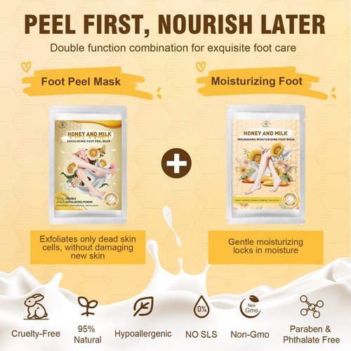 Foot Peel Mask 6 Pack, 3 Pack Milk & Honey Exfoliating Foot Masks Plus 3 Pack Moisturizing Foot Mask, Foot Mask for Dry, Cracked Feet, Callus, Dead Skin. Hydrating Foot Masks for Baby Feet