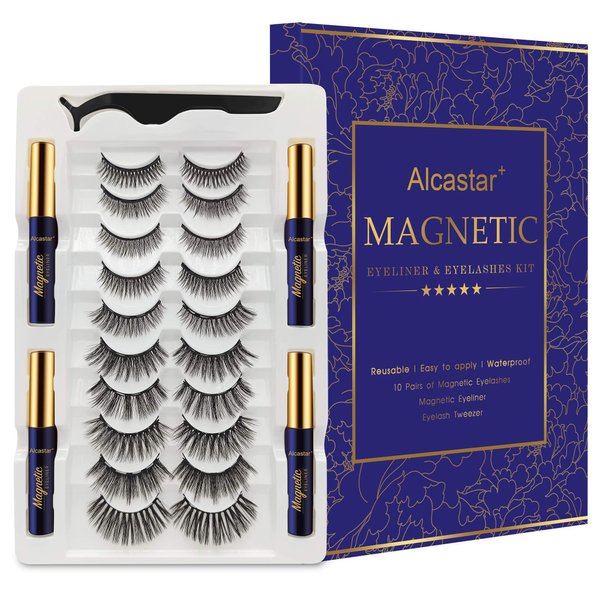Alcastar Magnetic Eyelashes,Magnetic Lashes with Eyeliner Kit, Reusable Magnet lashes, Waterproof, Long Lasting,Easy to Apply,