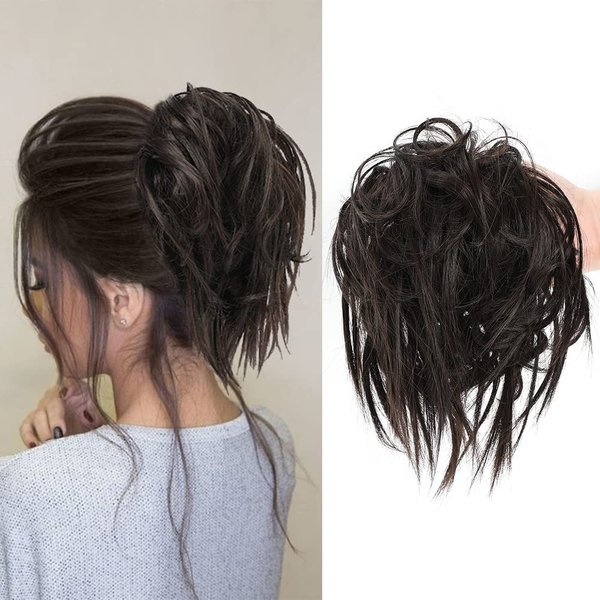 KETHBE Messy Bun Hair Piece,Synthetic Tousled updo Hair Buns Hair Piece Short Ponytail Faux Hair Scrunchie Extension with Elastic Rubber Band Fake Hair Bun Pieces Accessories for Women (Dark Brown)