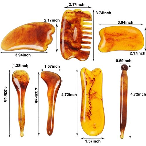 7 Pack Gua Sha Scraping Massage Facial Tools Kit, ResinGuasha Scraper Board Health Care Beauty Scrape Plate with Flax Bag for Face Body Leg Back Care Physical Acupuncture Deep Tissue Therapy (Amber)