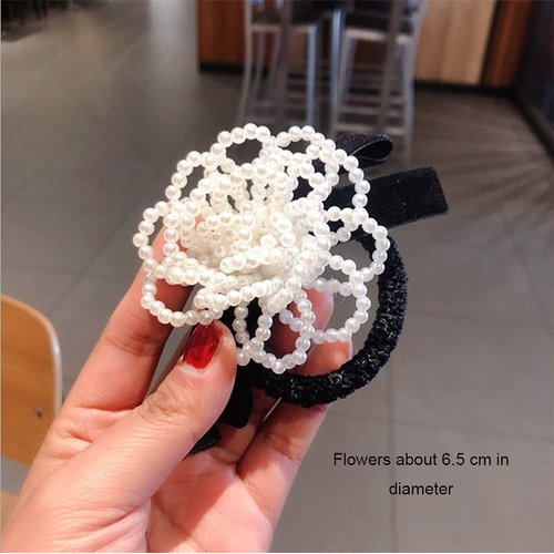 AKOAK 1 Pack Pearl Flower Crystal Hair Rope Bracelet Dual-use Hair Accessories Flower Leather Rope Hair Band Hair Accessories Jewelry Girls and Women Tiara (A-04, Small Intestinal Circle Pearl Flower)