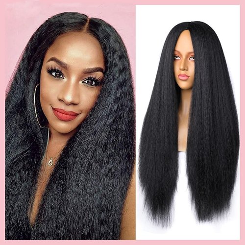 QITAQOTA Long Black Wigs Black Wigs for Women Yaki Wigs None Lace Kinky Straight Wig Synthetic Wigs Hair Replacement Wigs 26 Inch