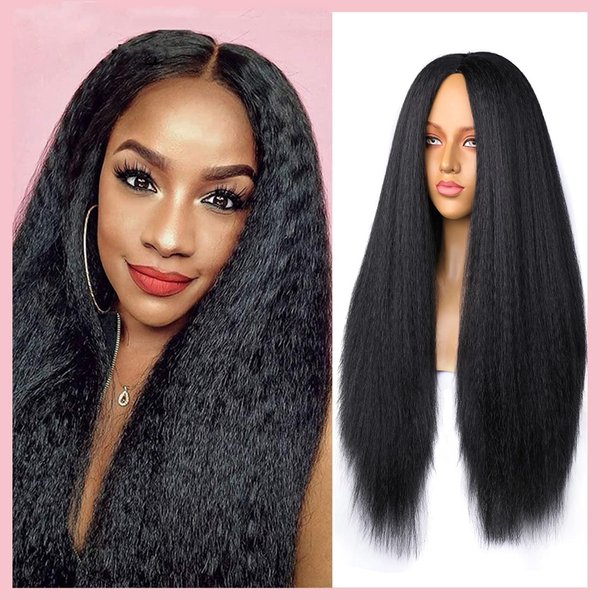 QITAQOTA Long Black Wigs Black Wigs for Women Yaki Wigs None Lace Kinky Straight Wig Synthetic Wigs Hair Replacement Wigs 26 Inch