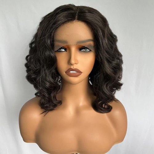 SOKU Short Bob Lace Front Wigs Synthetic 12 Inch Loose Wave Lace Front Wigs Middle Part Dark Brown Curly Wigs for Black Women Transparent Lace